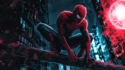 A high-definition comic-themed wallpaper featuring Spider-Man perched on a ledge in a dark urban setting, with a dynamic red and blue color scheme.