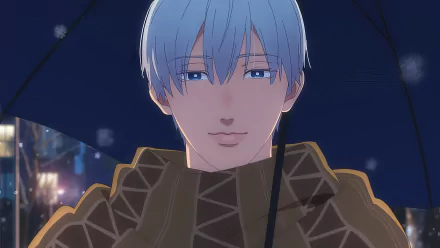 Anime character with blue hair and a contemplative expression under a night sky, HD wallpaper tagged with 'A Sign of Affection'.