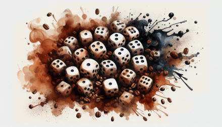A vibrant HD desktop wallpaper featuring a cluster of dice scattered among coffee beans, enhanced by dynamic splashes of brown and black paint.