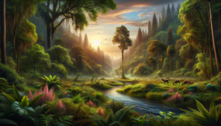 HD Wallpaper of Enchanting Forest Scenery with River at Sunrise, Desktop Background