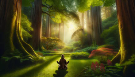 Person in hoodie meditating in a vibrant forest with sunlight streaming through trees, HD desktop wallpaper.