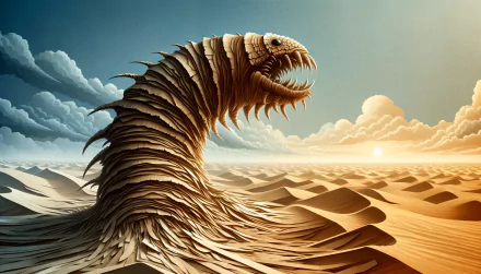 HD desktop wallpaper featuring a majestic sandworm emerging from desert dunes against a sunset sky.