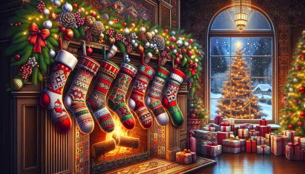 Christmas stockings hanging by the fireplace with festive decorations and tree in a cozy room HD wallpaper.