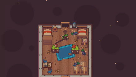 HD wallpaper featuring a scene from the video game Turnip Boy Commits Tax Evasion with a whimsical character in a room setting ready for desktop background use.