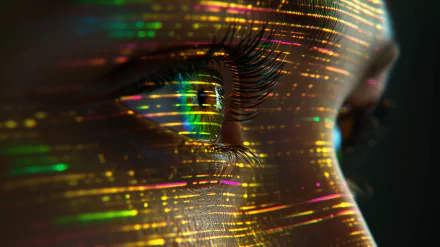 HD desktop wallpaper featuring a close-up of a woman's eye with vibrant digital patterns overlaying her skin.