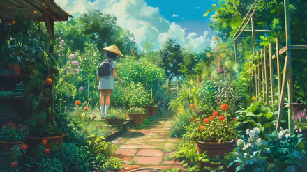 HD desktop wallpaper of a vibrant garden scene with a person admiring the lush greenery under a sunny sky.