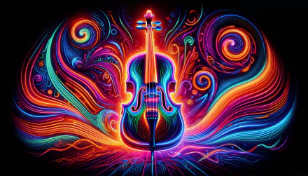 HD desktop wallpaper featuring a vibrant neon cello with psychedelic swirl patterns in the background.