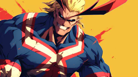 HD wallpaper featuring All Might from My Hero Academia, showcasing his iconic smile and powerful pose against a vibrant yellow background. A striking anime presence for your desktop.