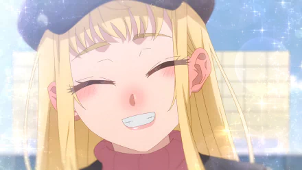 HD anime desktop wallpaper featuring Minami Fuyuki from Hokkaido Gals Are Super Adorable! smiling brightly with a wintery background.