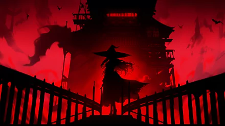 A red-toned anime-style witch stands in front of a dark, towering building with bats flying in the background, rendered as AI art for an HD PC desktop wallpaper.
