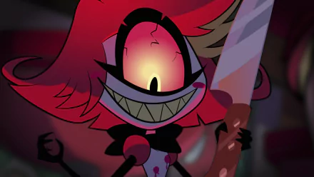 HD wallpaper featuring Niffty from the Hazbin Hotel TV show, with a vibrant depiction of the red animated character smiling.