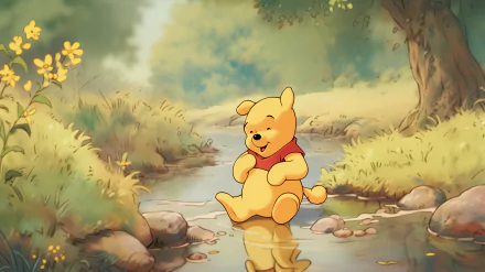 A cheerful Winnie the Pooh sitting by a stream, surrounded by vibrant greenery and flowers, captured in a charming HD desktop wallpaper.
