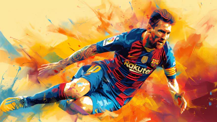 Vibrant HD desktop wallpaper of a soccer player in FC Barcelona kit, amidst a colorful, abstract background.