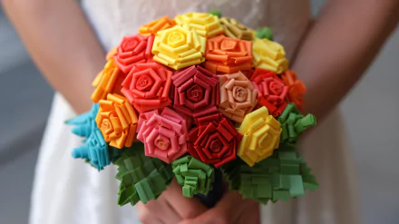 Bride holding a colorful origami wedding bouquet - HD wallpaper and background.