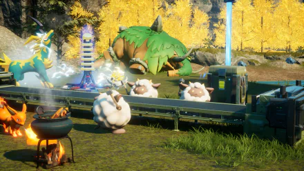 HD Palworld video game wallpaper featuring vibrant creatures and a scenic autumn backdrop for desktop background.