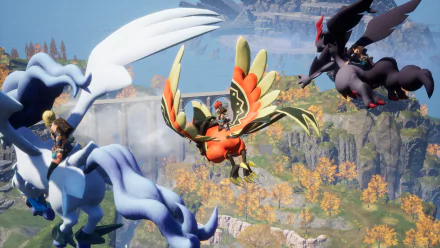HD desktop wallpaper featuring characters riding flying creatures in the vibrant world of the video game Palworld.