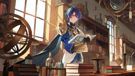 A high-definition wallpaper featuring Dr. Ratio from Honkai: Star Rail, standing confidently in a library filled with books and scientific instruments.