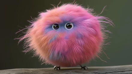 A cute, fluffy creature with vibrant pink and purple fur and large eyes stands on a wooden surface, creating a charming and whimsical desktop wallpaper.