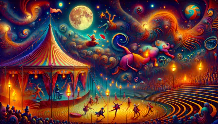 Vibrant HD circus-themed wallpaper featuring an enchanting tent, whimsical animals, and performers under a moonlit swirl-patterned sky.