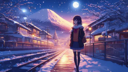 A cute anime girl stands on a snowy platform at dusk in a winter anime scene, with a glowing moon and snow-covered houses under a vibrant sky, captured in 4K Ultra HD.