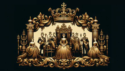 HD desktop wallpaper featuring an ornate golden royal motif with regal figures and crowns.
