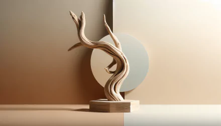 Elegant driftwood sculpture on a wooden base featured as HD desktop wallpaper with a neutral-toned background.