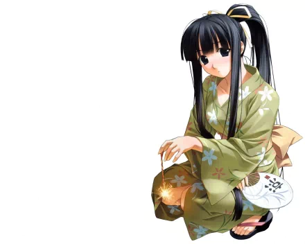 Anime girl HD PC desktop wallpaper: a girl in a green floral kimono sits with a paper fan, holding a lit sparkler on a white background.