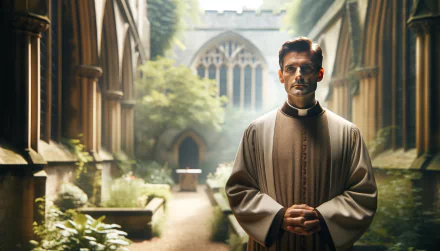 A priest stands gracefully in a lush, serene courtyard of a historic building, bathed in soft light, creating a tranquil and contemplative atmosphere for a HD desktop wallpaper.