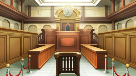 HD wallpaper of a courtroom scene from Apollo Justice: Ace Attorney Trilogy video game for desktop background.
