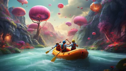 Animated HD wallpaper of people rafting down a fantastical river with oversized pink jellyfish-like trees and floating orbs illuminating the mystical landscape.