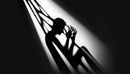 A striking black and white HD wallpaper depicting a figure in distress, casting a shadow that symbolizes anxiety, with intricate light patterns enhancing the emotional depth.