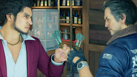 HD wallpaper of two characters from Yakuza: Like a Dragon video game in a dramatic dart game standoff.