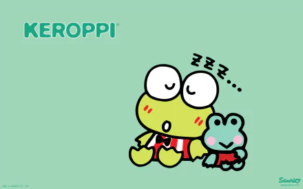 HD wallpaper featuring Keroppi and a small friend from Sanrio, anime-style, with Keroppi appearing to sleep, set against a soft green background.