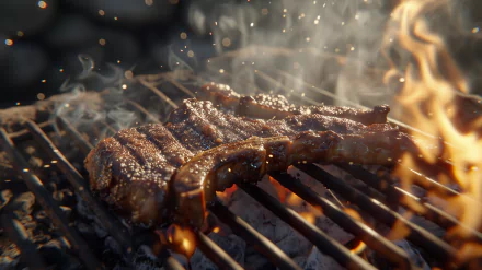 A sizzling steak grill with smoke and flames, showcasing mouthwatering BBQ excellence in a vibrant HD desktop wallpaper.