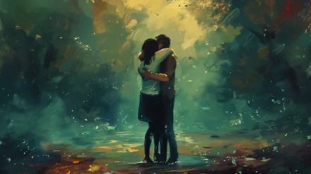 A serene HD desktop wallpaper depicting a couple embracing in a lush, atmospheric setting, radiating warmth and connection amidst a backdrop of soft colors and light.
