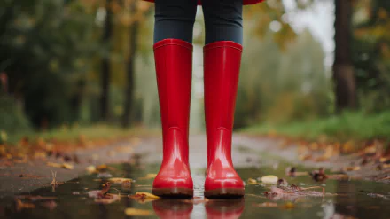 Person wearing red rain boots on a wet autumn path surrounded by fallen leaves - HD desktop wallpaper.