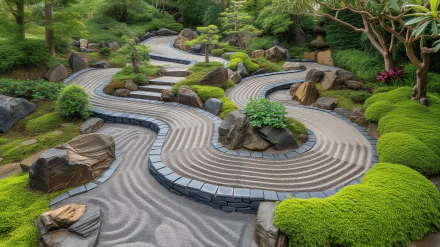 A serene bonsai garden featuring winding paths of manicured sand, lush greenery, and carefully placed rocks, captured in high-definition for a stunning desktop wallpaper and background.