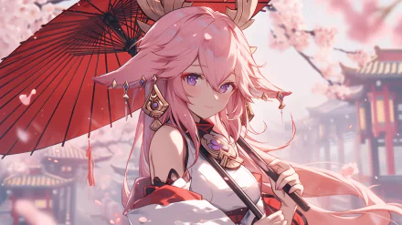HD desktop wallpaper featuring Yae Miko, a character from Genshin Impact, with a cherry blossom backdrop and traditional umbrella.