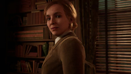 A detailed HD wallpaper from the video game Alone in the Dark (2024), featuring a woman in a vintage setting, standing near a bookshelf and portrayed with a serious expression.