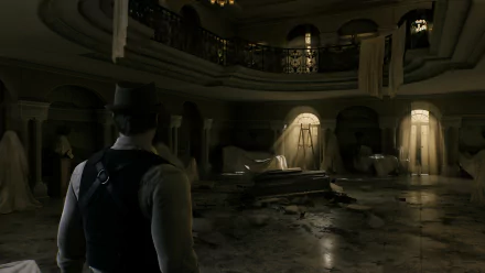 A haunting scene from Alone in the Dark (2024), showcasing a dimly lit, abandoned interior with shattered decor and eerie light filtering through draped windows. HD desktop wallpaper.