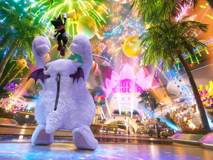 A colorful HD wallpaper from Final Fantasy VII Rebirth, featuring a whimsical creature in a vibrant party setting with palm trees and festive lights.