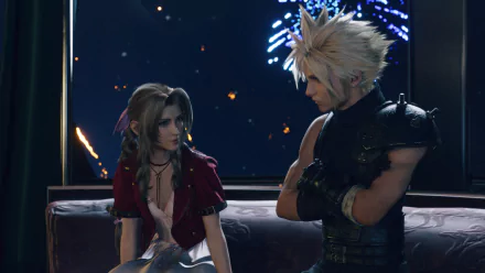 HD desktop wallpaper featuring characters from Final Fantasy VII Rebirth, showing a moment between Aerith and Cloud amidst a backdrop of fireworks.