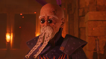 A detailed HD desktop wallpaper from Final Fantasy VII Rebirth featuring a character with a long beard and glasses, set against a richly textured background.