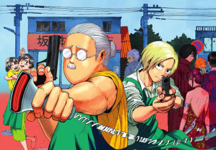 A vibrant HD desktop wallpaper featuring characters from the anime and manga series Sakamoto Days, showcasing intense action with two figures aiming guns amid a lively background.