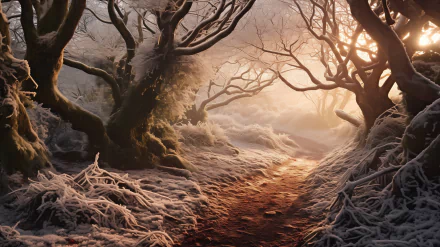 HD wallpaper of a snowy forest path with a warm light filtering through the trees, creating a serene landscape.
