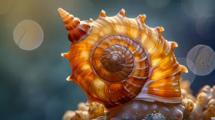 A close-up of a vibrant sea snail shell, showcasing intricate patterns and colors, set against a blurred underwater background, celebrating the beauty of ocean nature.