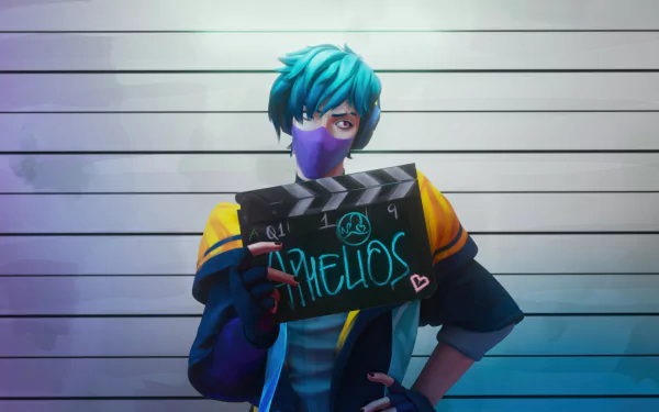 HD wallpaper featuring Aphelios from League of Legends, holding a clapperboard with his name. The vibrant design captures the essence of the game and its character.