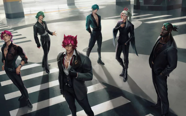 HD wallpaper featuring League of Legends champions K'Sante, Sett, Yone, and Kayn styled in Heartsteel theme, posing in sharp suits for a sleek desktop background.