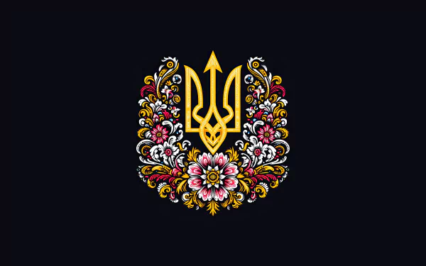A vibrant 4K Ultra HD wallpaper featuring the Ukrainian trident symbol, adorned with colorful floral patterns against a dark background.