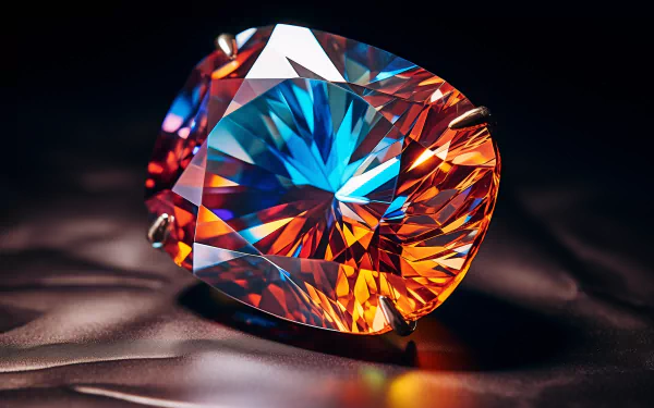 A stunning close-up of a vibrant topaz gemstone, showcasing brilliant orange and blue hues, set against a dark, textured background, creating an elegant nature-inspired HD wallpaper.